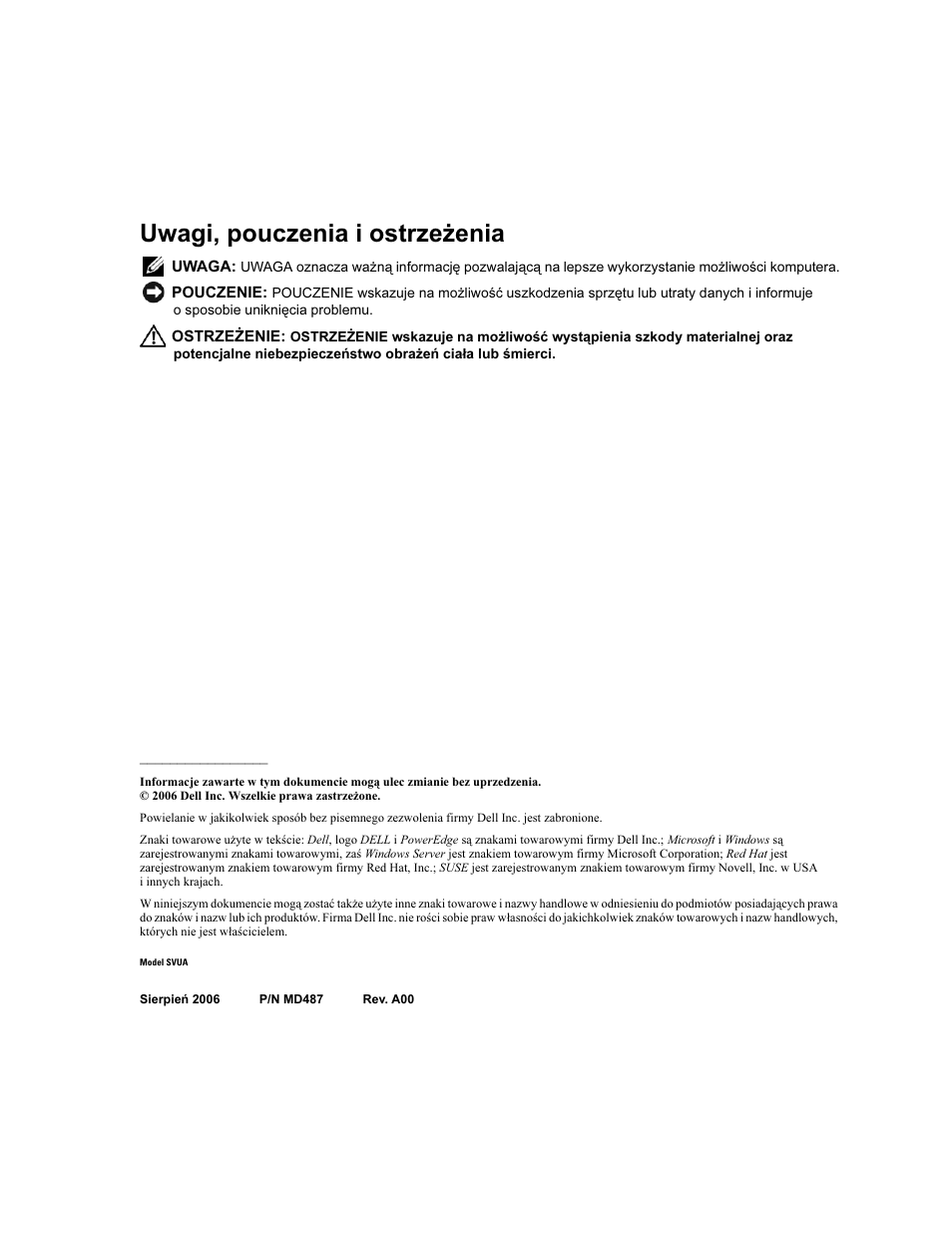 Uwagi, pouczenia i ostrzeżenia | Dell PowerEdge SC1435 User Manual | Page 64 / 110