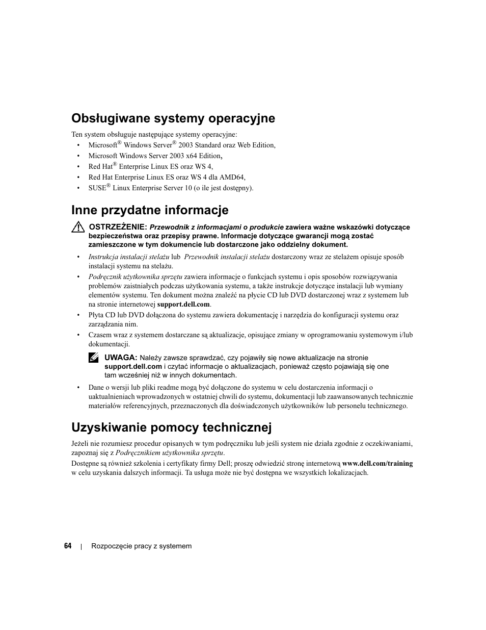 Obsługiwane systemy operacyjne, Inne przydatne informacje, Uzyskiwanie pomocy technicznej | Dell PowerEdge SC1435 User Manual | Page 66 / 110