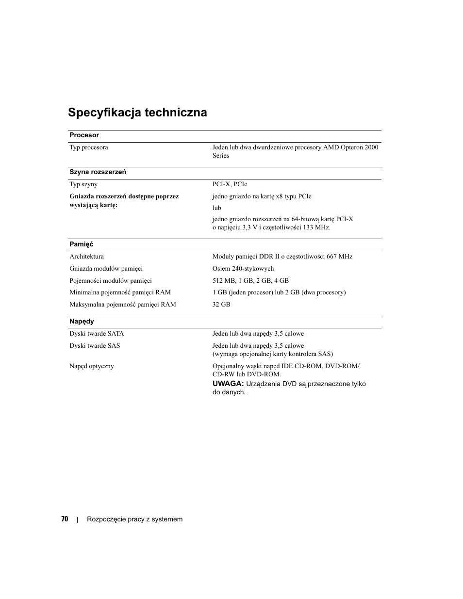 Specyfikacja techniczna | Dell PowerEdge SC1435 User Manual | Page 72 / 110