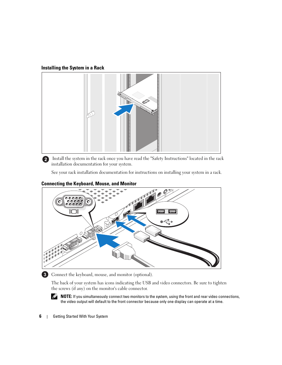 Installing the system in a rack, Connecting the keyboard, mouse, and monitor | Dell PowerEdge SC1435 User Manual | Page 8 / 110