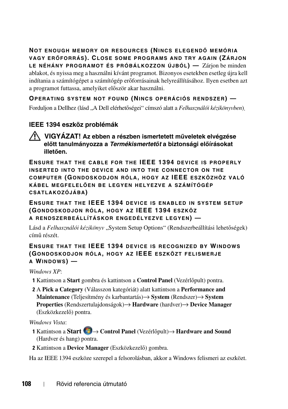 Vigyázat, Start | Dell Precision T7400 User Manual | Page 108 / 320