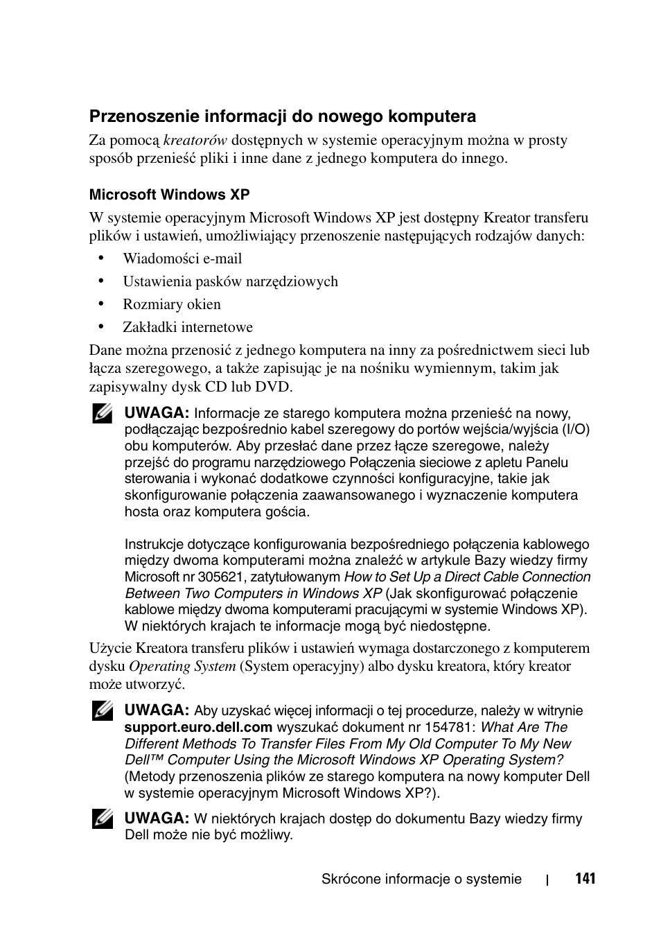 Przenoszenie informacji do nowego komputera | Dell Precision T7400 User Manual | Page 141 / 320