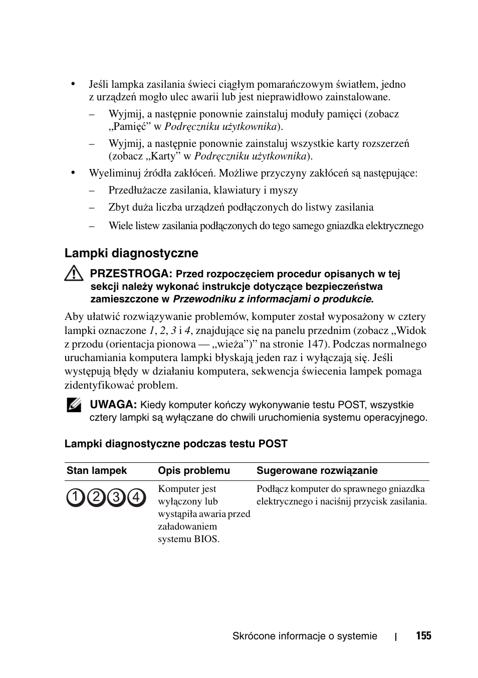 Lampki diagnostyczne | Dell Precision T7400 User Manual | Page 155 / 320