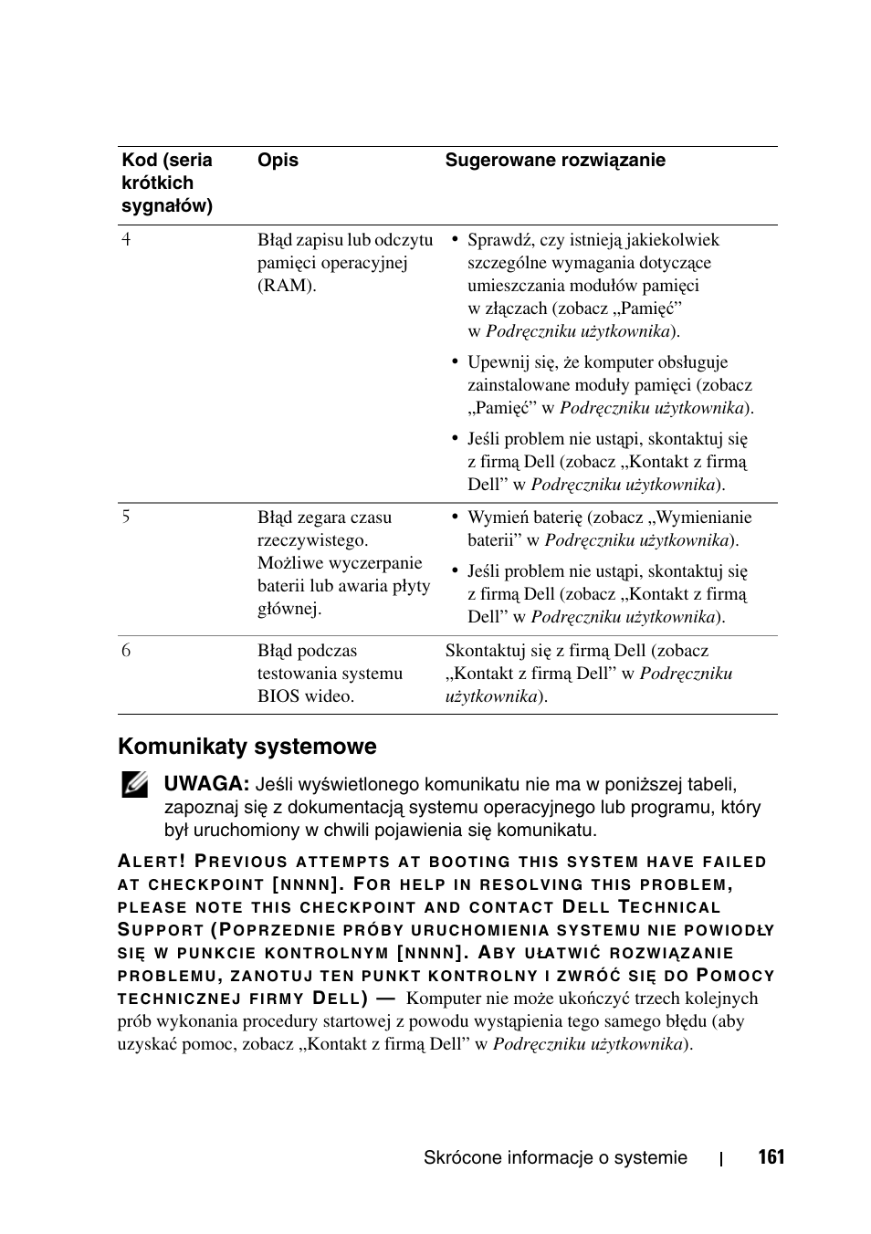 Komunikaty systemowe | Dell Precision T7400 User Manual | Page 161 / 320