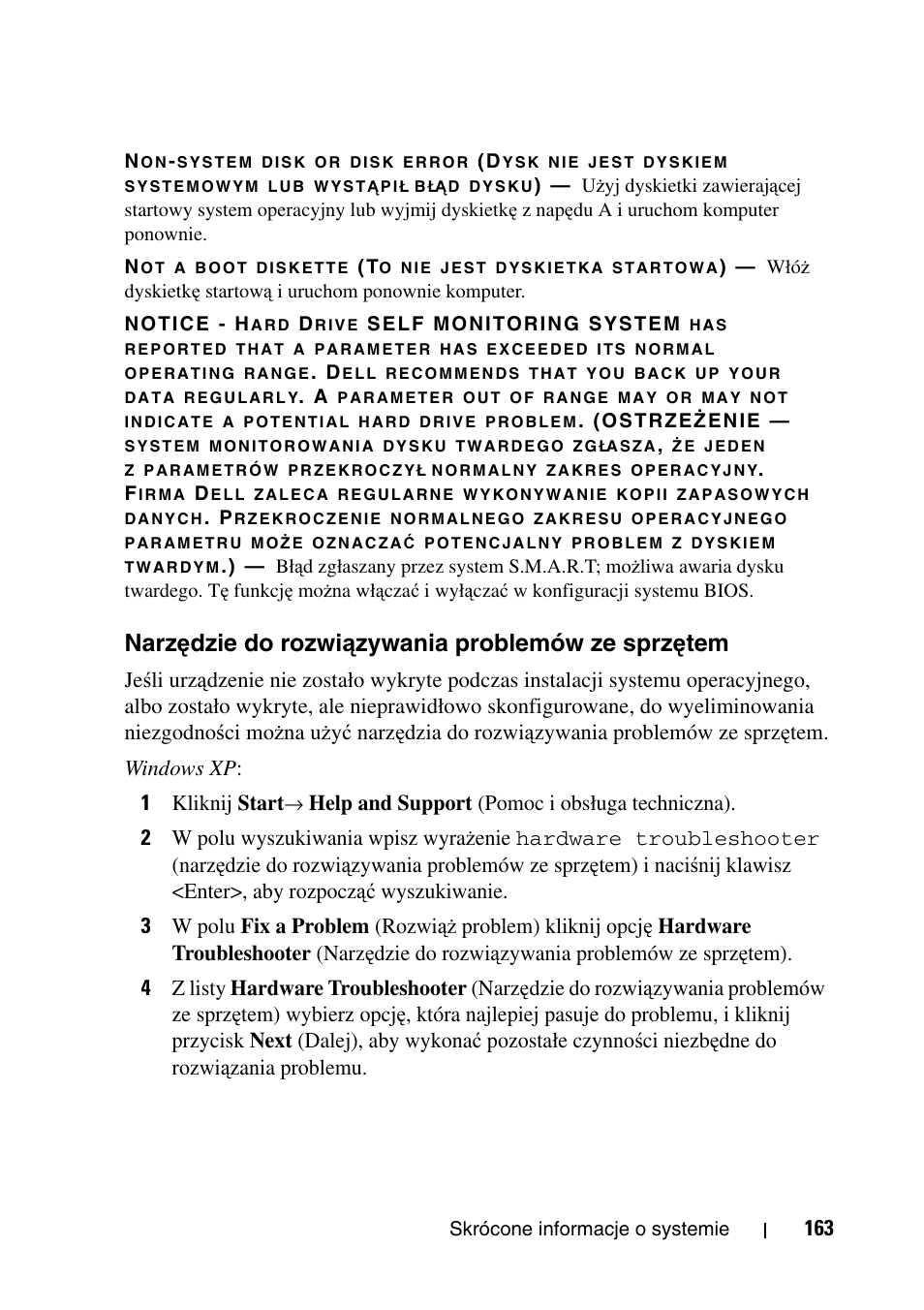 Narzędzie do rozwiązywania problemów ze sprzętem, Narz, Ędzie do rozwiązywania | Problemów ze sprz, Ętem | Dell Precision T7400 User Manual | Page 163 / 320