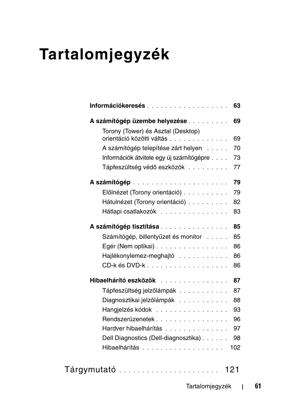 Tartalomjegyzék, Tárgymutató | Dell Precision T7400 User Manual | Page 61 / 320