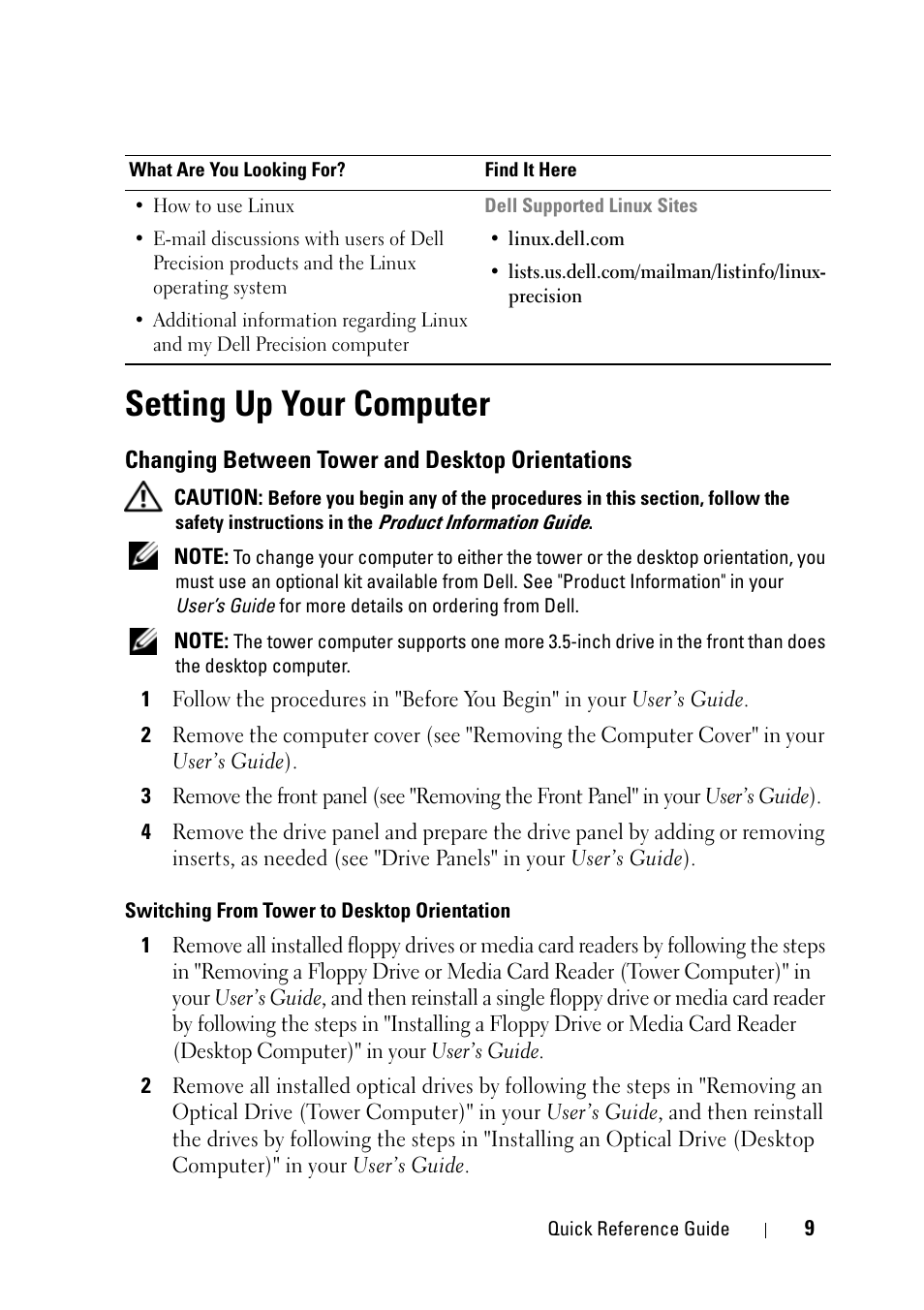 Setting up your computer, Changing between tower and desktop orientations | Dell Precision T7400 User Manual | Page 9 / 320