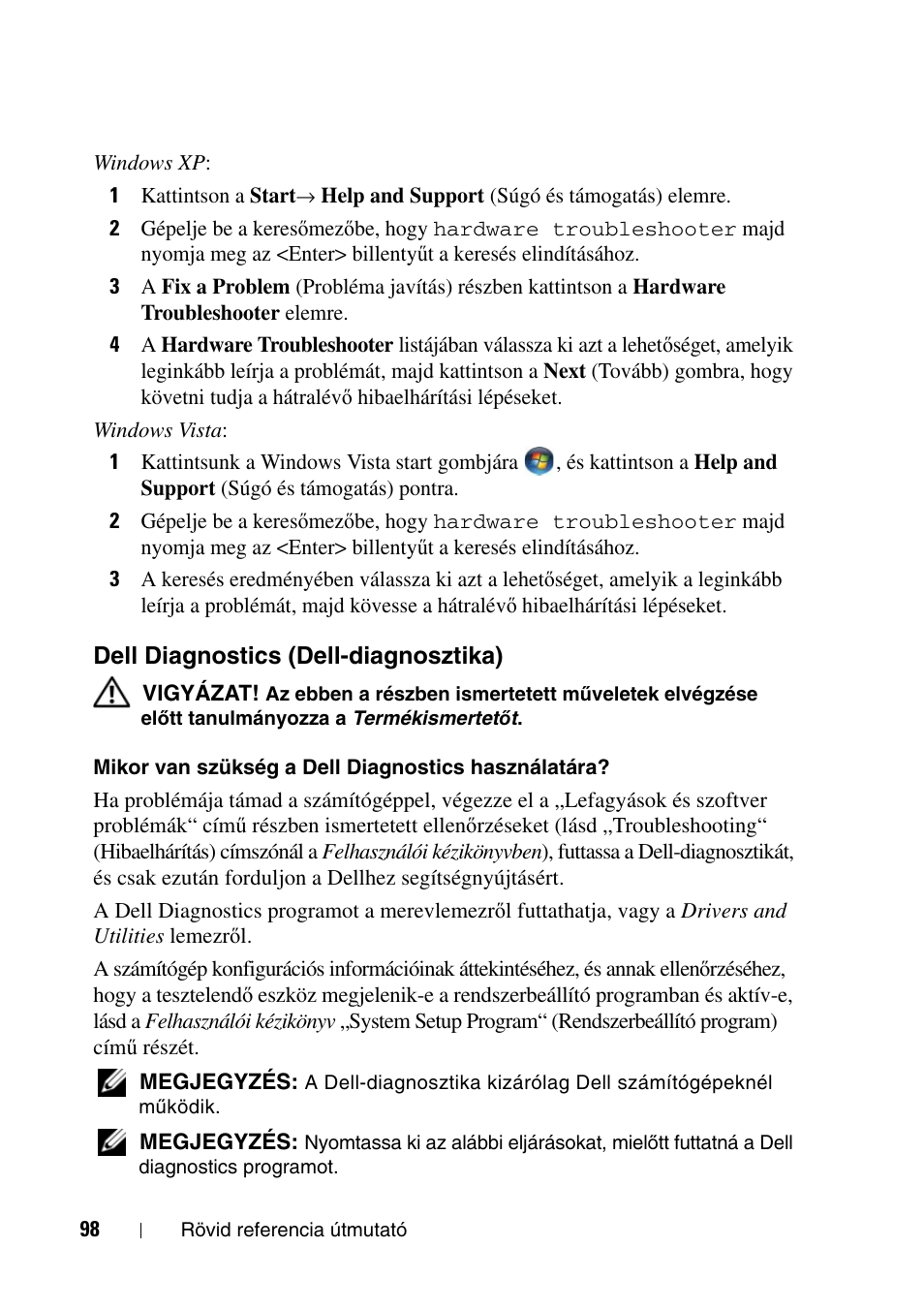 Dell diagnostics (dell-diagnosztika) | Dell Precision T7400 User Manual | Page 98 / 320