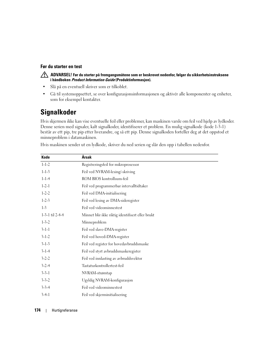 Før du starter en test, Signalkoder | Dell Precision 390 User Manual | Page 174 / 368