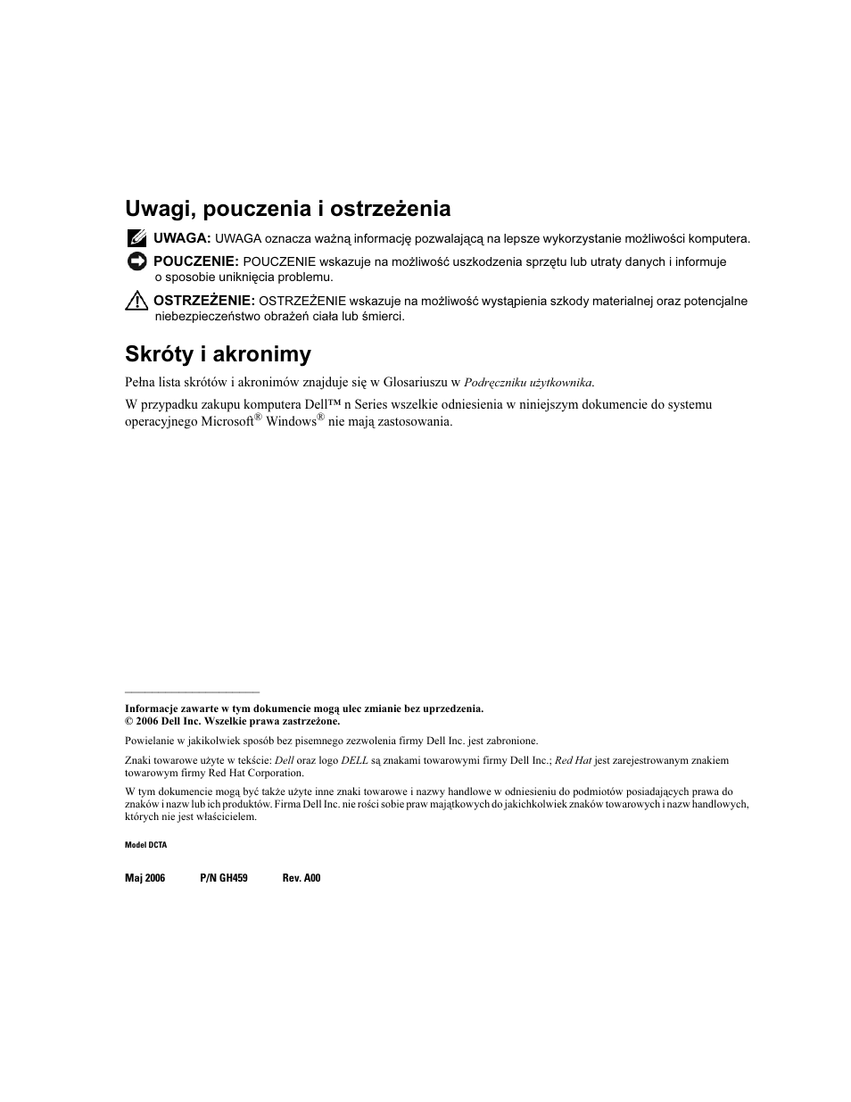 Uwagi, pouczenia i ostrzeżenia, Skróty i akronimy | Dell Precision 390 User Manual | Page 186 / 368