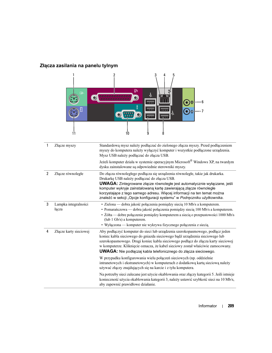 Złącza zasilania na panelu tylnym | Dell Precision 390 User Manual | Page 209 / 368