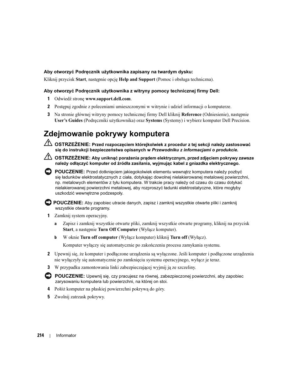 Zdejmowanie pokrywy komputera | Dell Precision 390 User Manual | Page 214 / 368