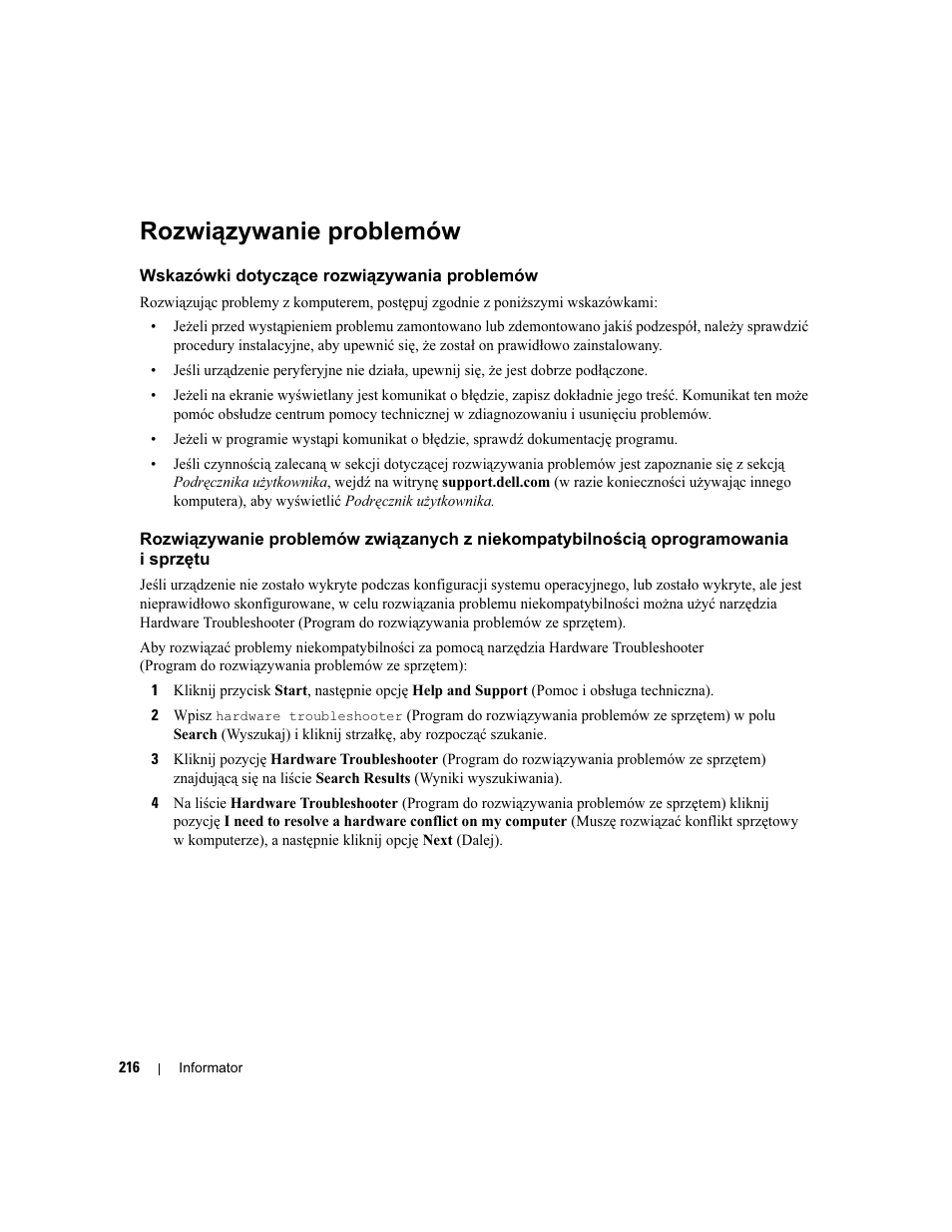 Rozwiązywanie problemów, Wskazówki dotyczące rozwiązywania problemów | Dell Precision 390 User Manual | Page 216 / 368