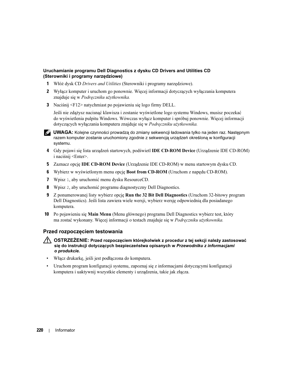 Przed rozpoczęciem testowania | Dell Precision 390 User Manual | Page 220 / 368
