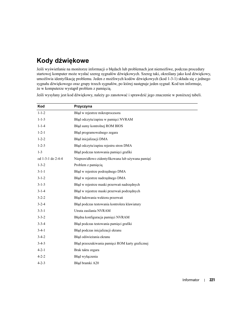 Kody dźwiękowe | Dell Precision 390 User Manual | Page 221 / 368