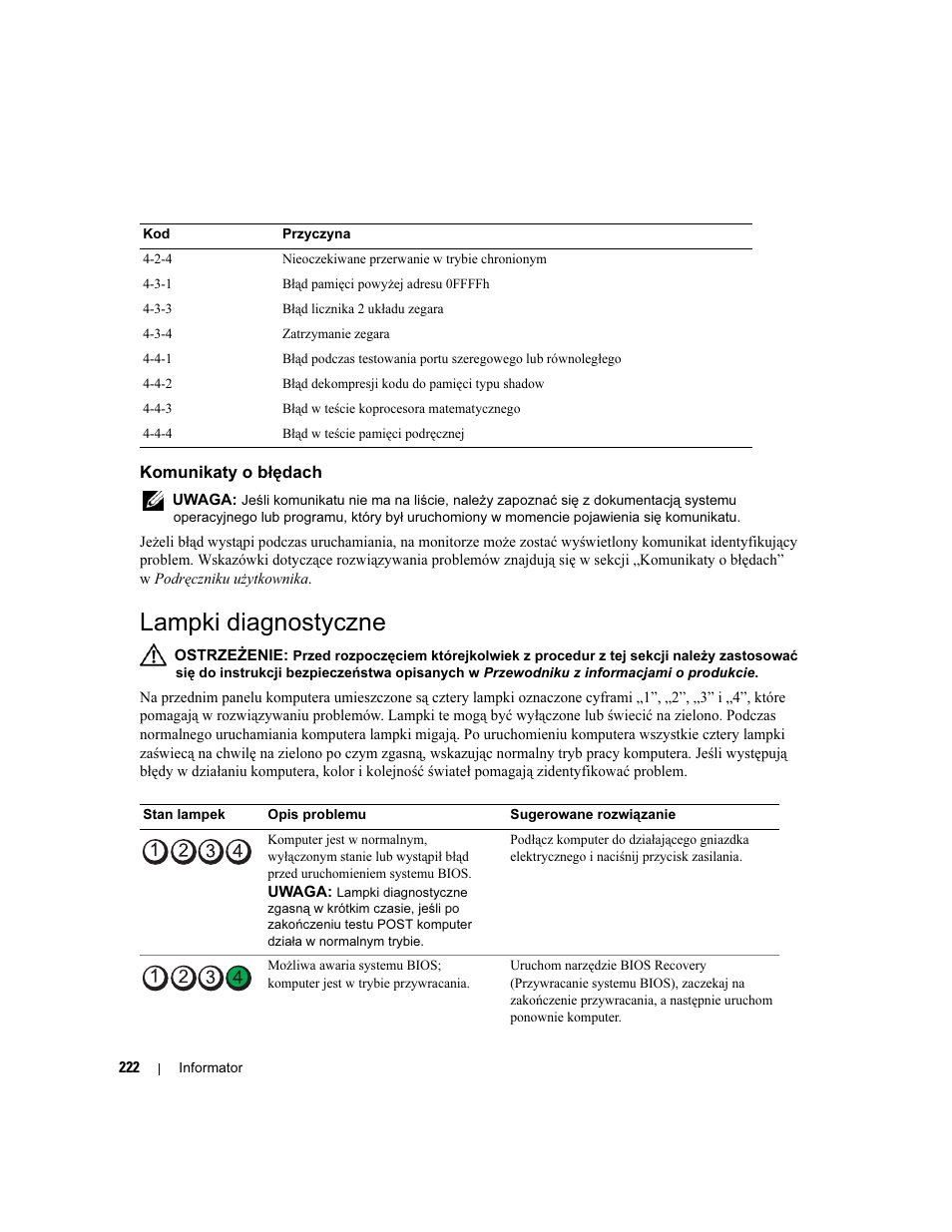 Komunikaty o błędach, Lampki diagnostyczne | Dell Precision 390 User Manual | Page 222 / 368
