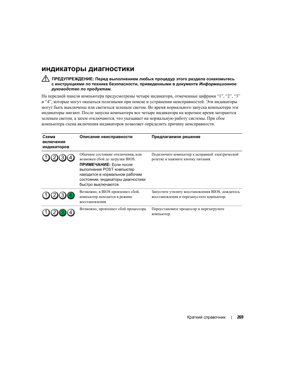 Индикаторы диагностики | Dell Precision 390 User Manual | Page 269 / 368