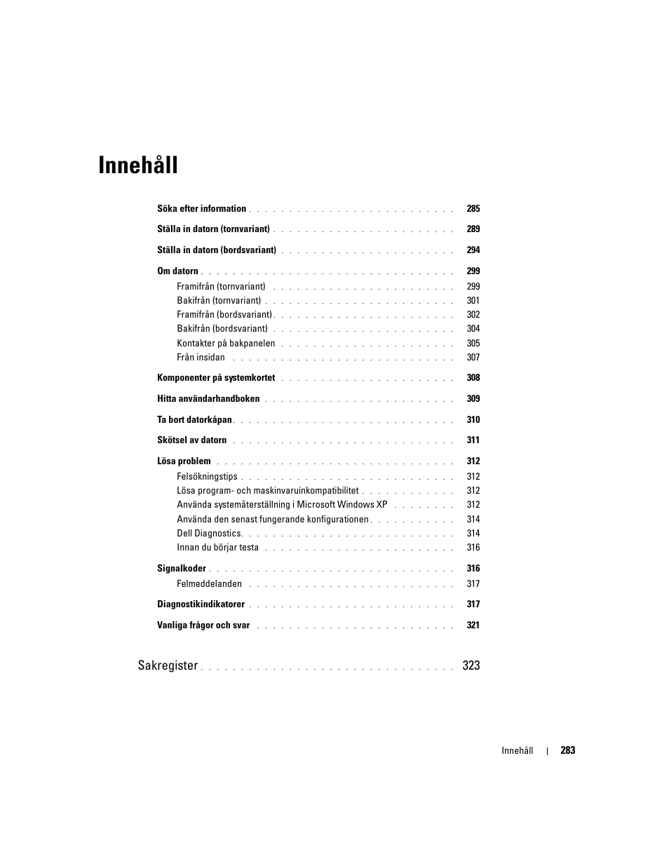 Innehåll, Sakregister | Dell Precision 390 User Manual | Page 283 / 368