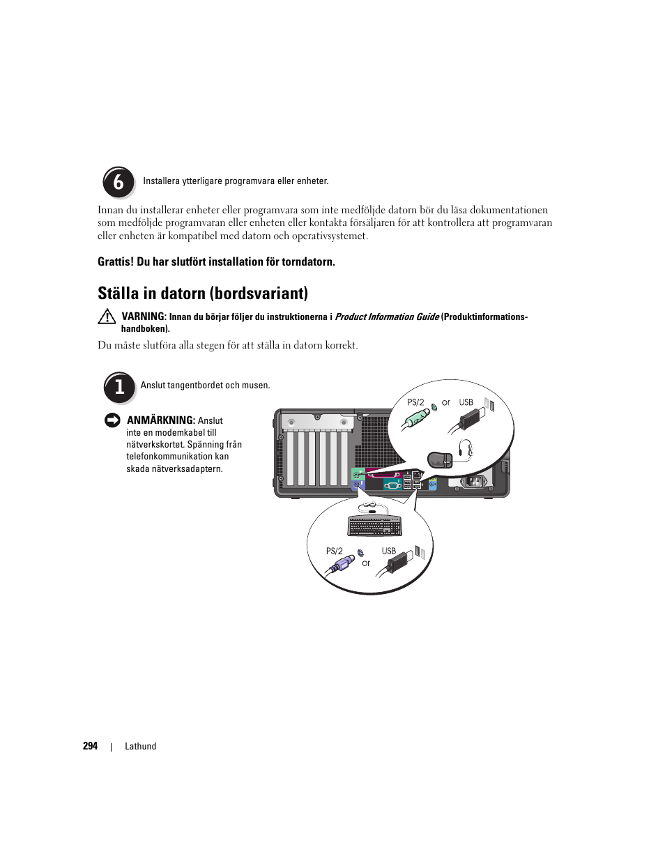 Ställa in datorn (bordsvariant) | Dell Precision 390 User Manual | Page 294 / 368