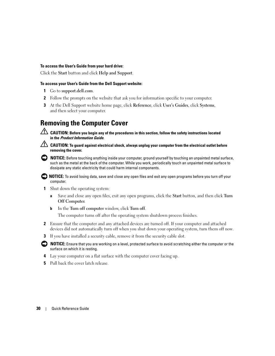 Removing the computer cover | Dell Precision 390 User Manual | Page 30 / 368