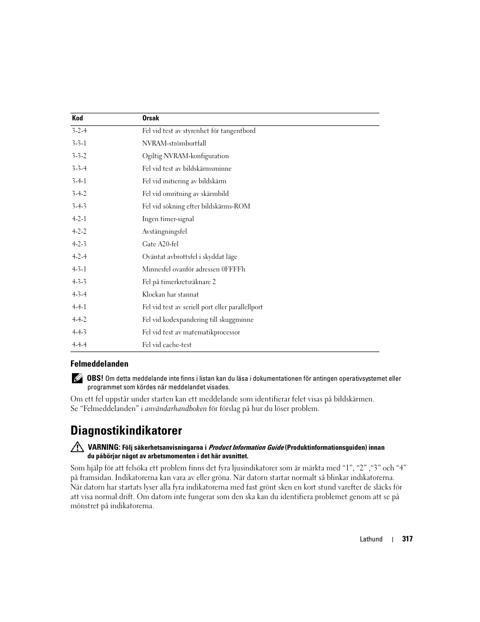 Felmeddelanden, Diagnostikindikatorer | Dell Precision 390 User Manual | Page 317 / 368