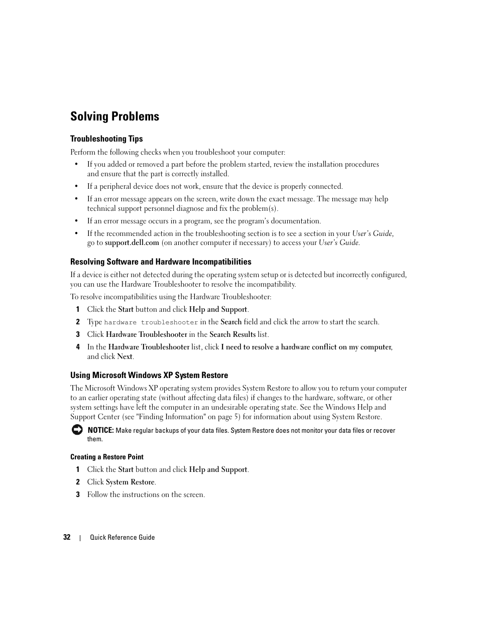 Solving problems, Troubleshooting tips, Resolving software and hardware incompatibilities | Using microsoft windows xp system restore | Dell Precision 390 User Manual | Page 32 / 368