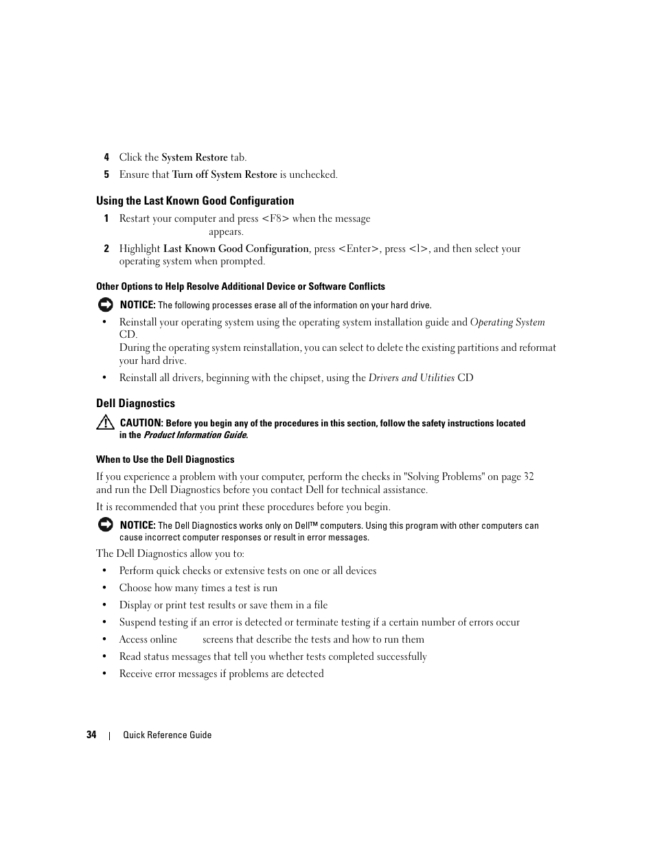 Using the last known good configuration, Dell diagnostics | Dell Precision 390 User Manual | Page 34 / 368