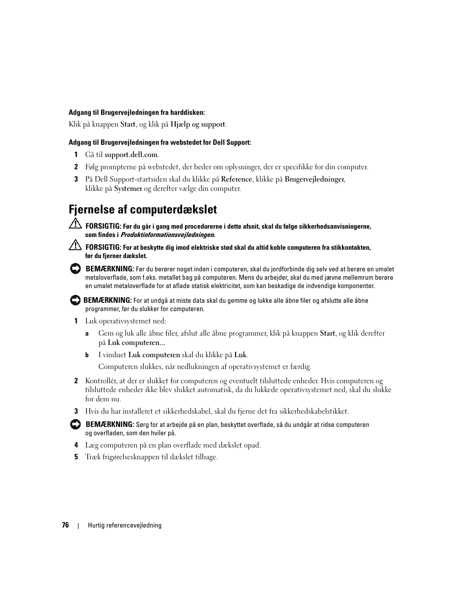 Fjernelse af computerdækslet | Dell Precision 390 User Manual | Page 76 / 368