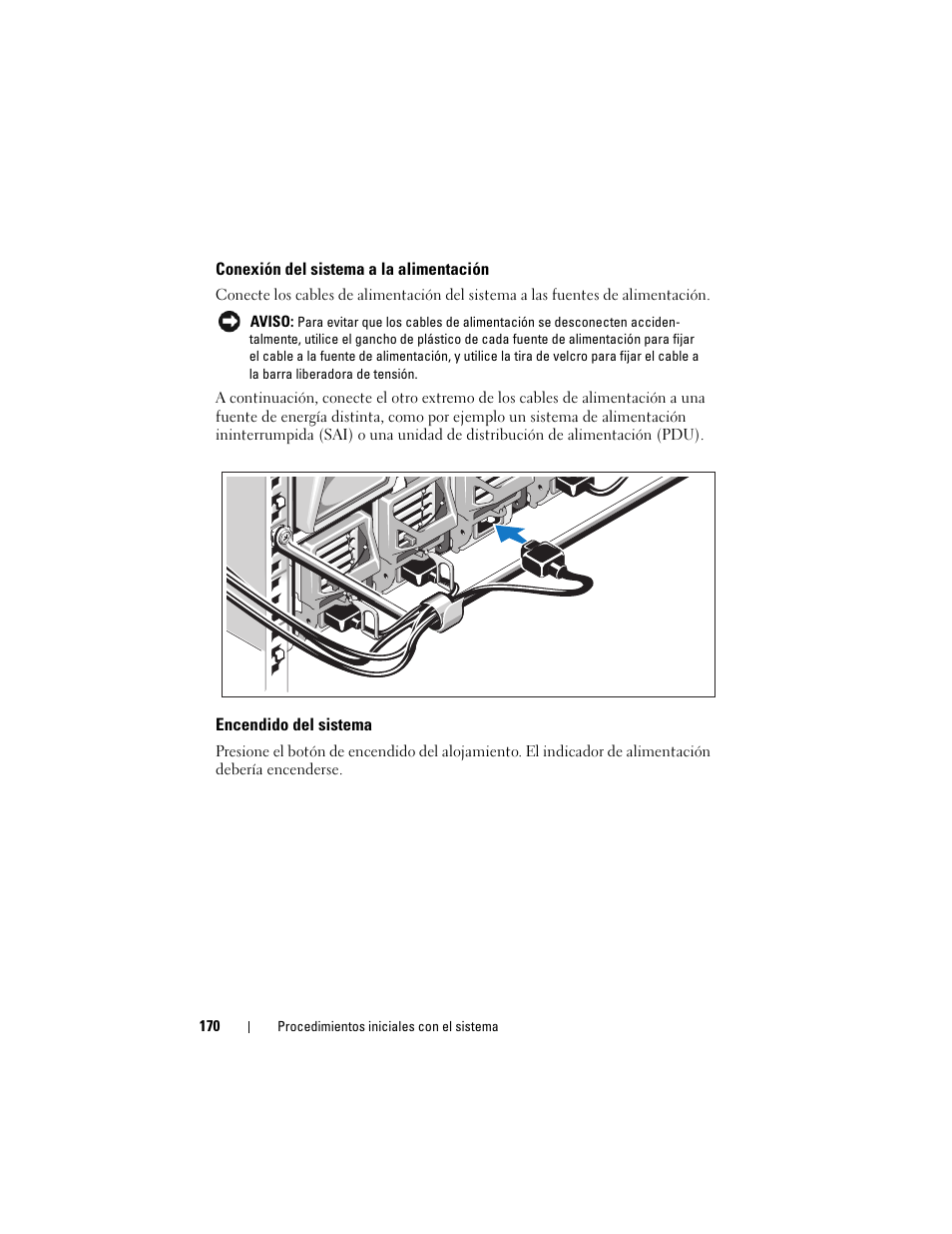 Conexión del sistema a la alimentación, Encendido del sistema | Dell PowerEdge M600 User Manual | Page 172 / 201