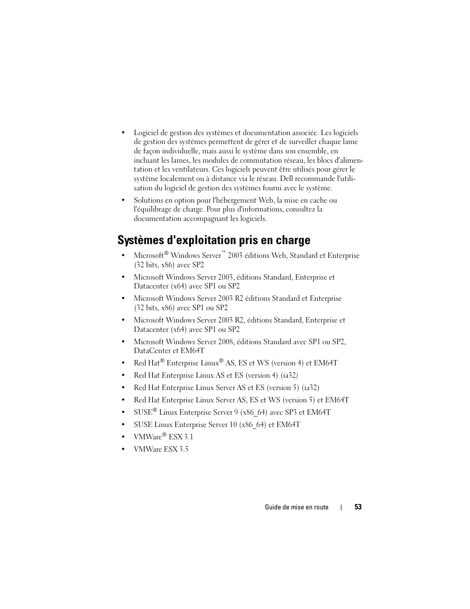 Systèmes d'exploitation pris en charge | Dell PowerEdge M600 User Manual | Page 55 / 201