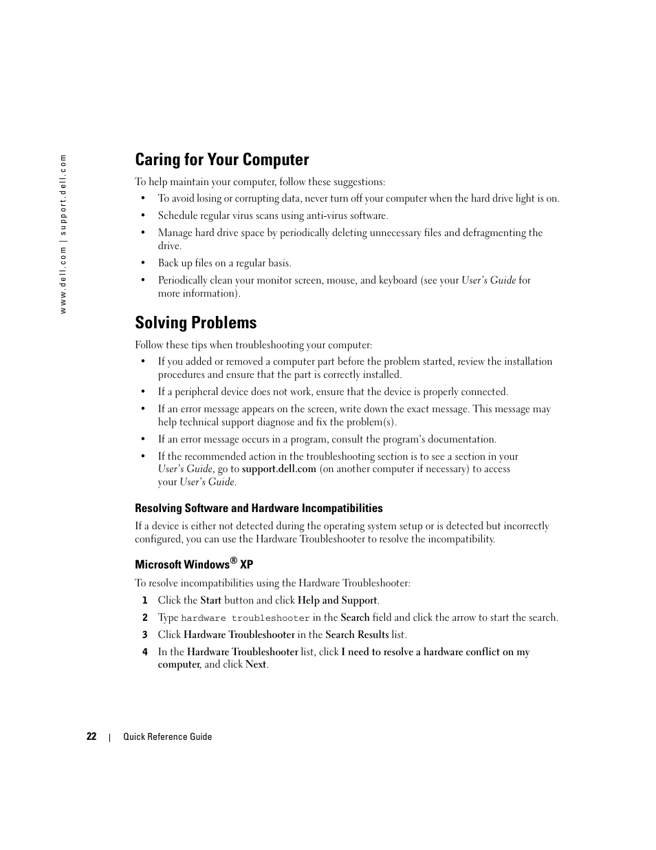 Caring for your computer, Solving problems, Resolving software and hardware incompatibilities | Microsoft windows® xp, Microsoft windows | Dell Precision 670 User Manual | Page 22 / 328