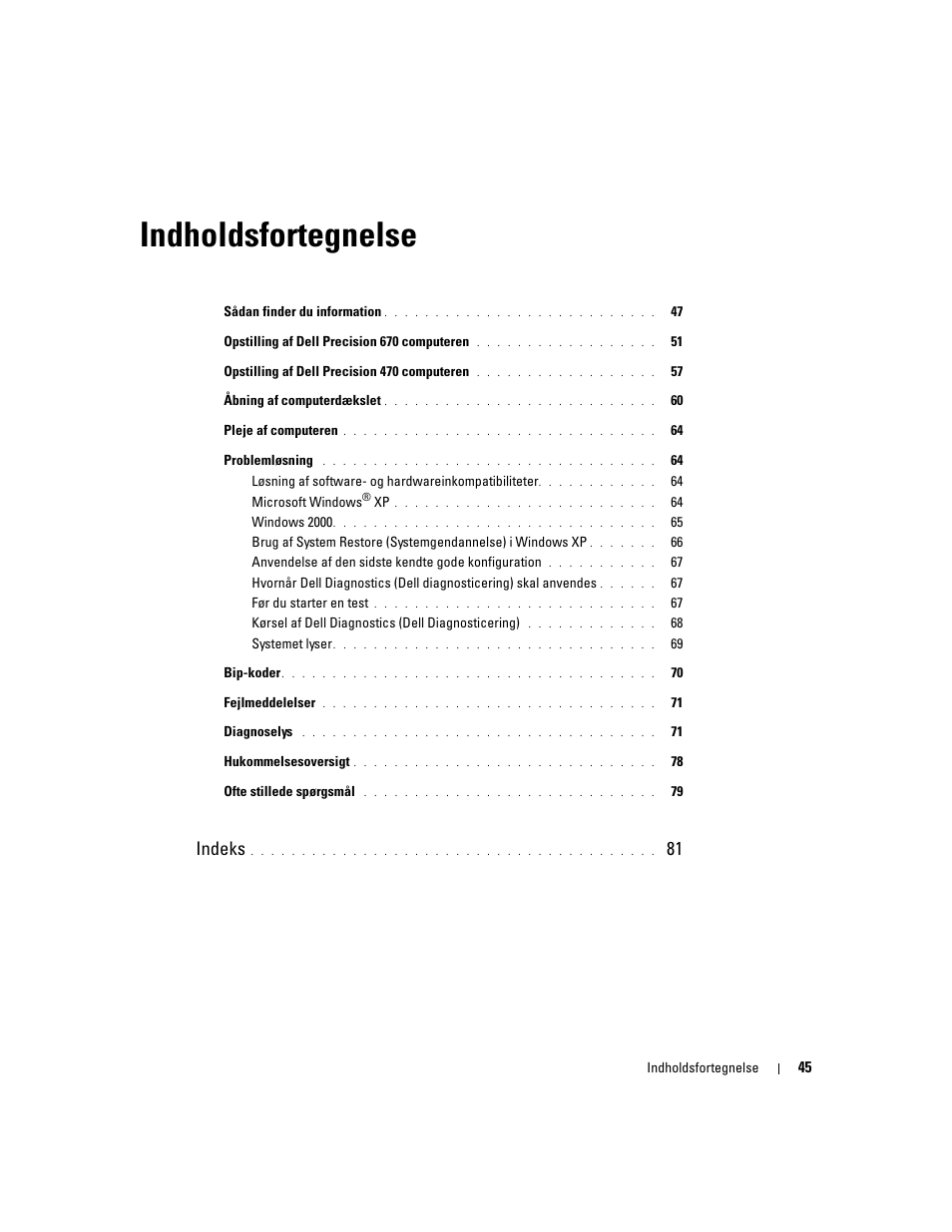 Indholdsfortegnelse, Indeks | Dell Precision 670 User Manual | Page 45 / 328