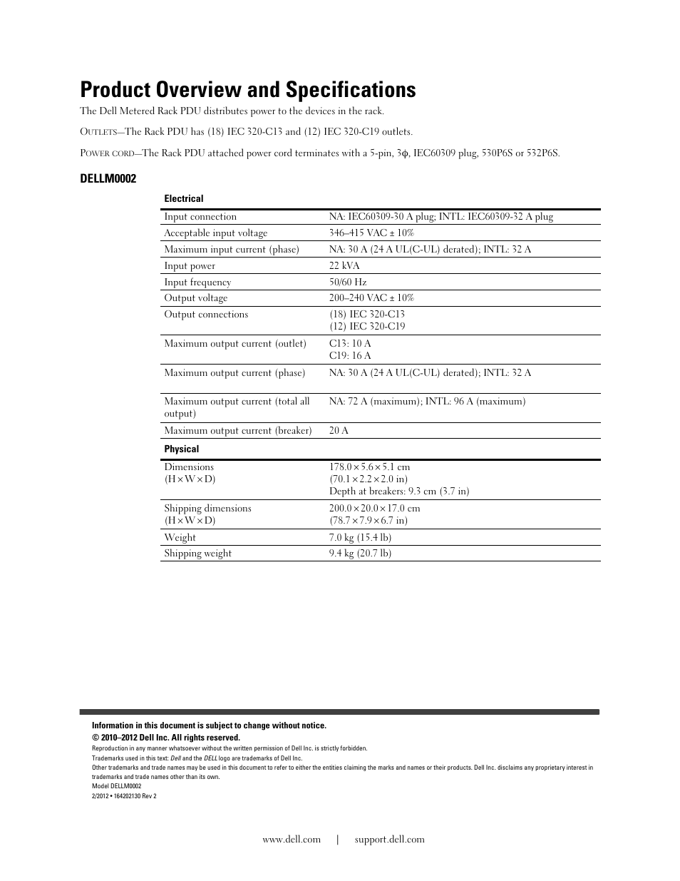 Product overview and specifications, Dellm0002 | Dell Metered PDU LCD User Manual | Page 3 / 28