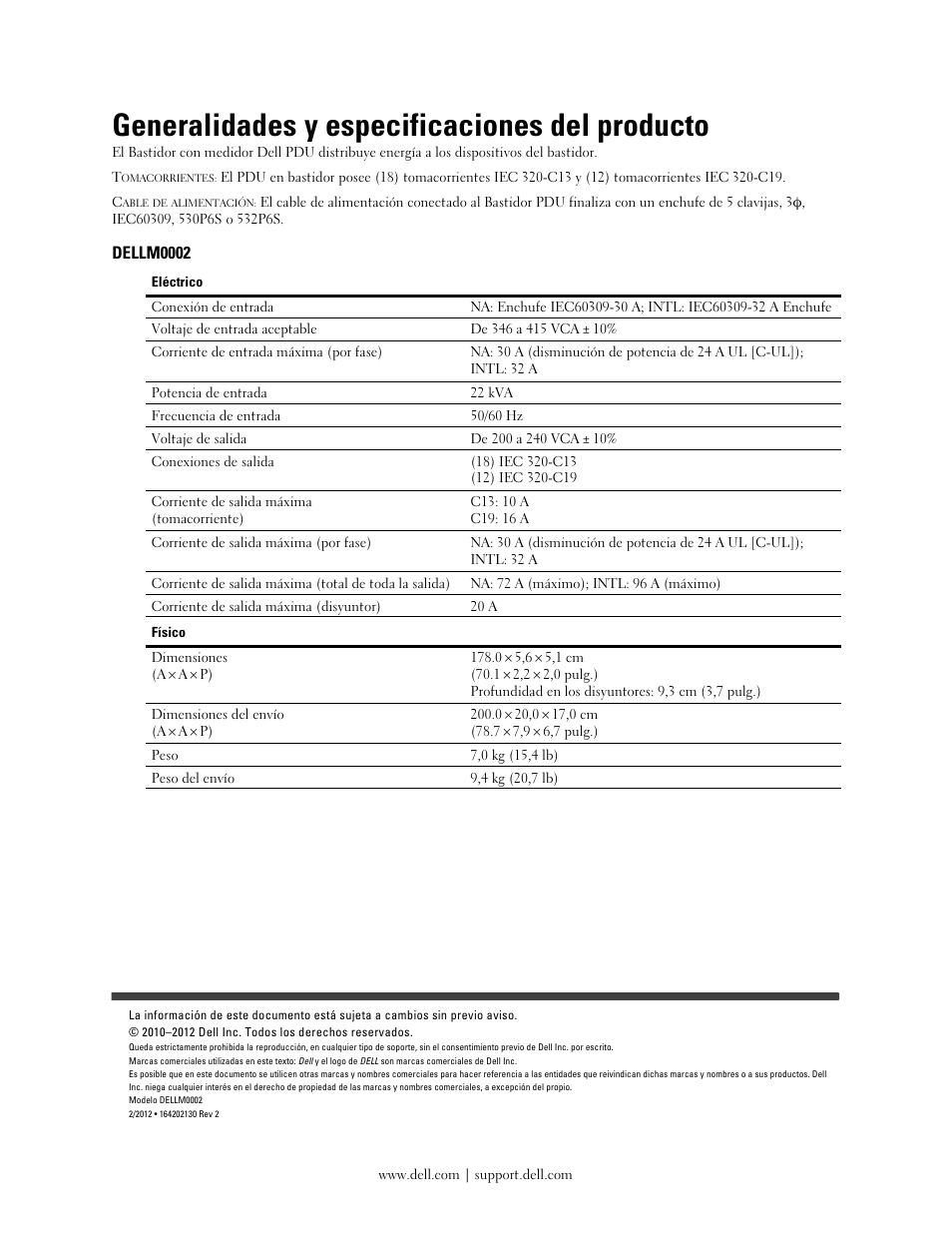 Generalidades y especificaciones del producto, Dellm0002 | Dell Metered PDU LCD User Manual | Page 9 / 28