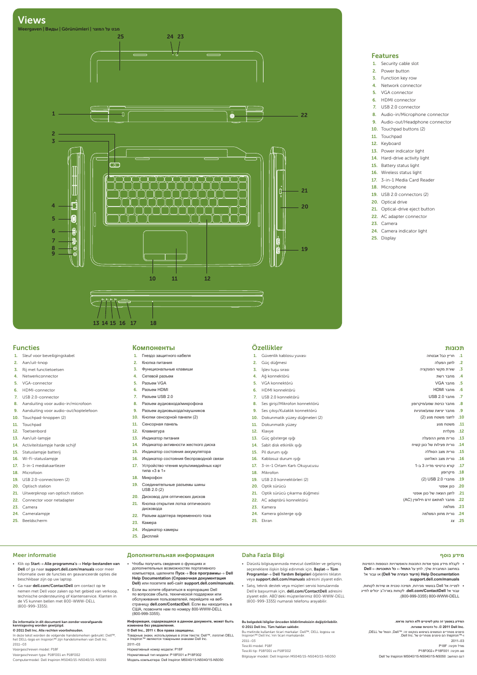 Views, Features, Functies | Özellikler, Компоненты, תונוכת | Dell Inspiron M5040 User Manual | Page 2 / 2