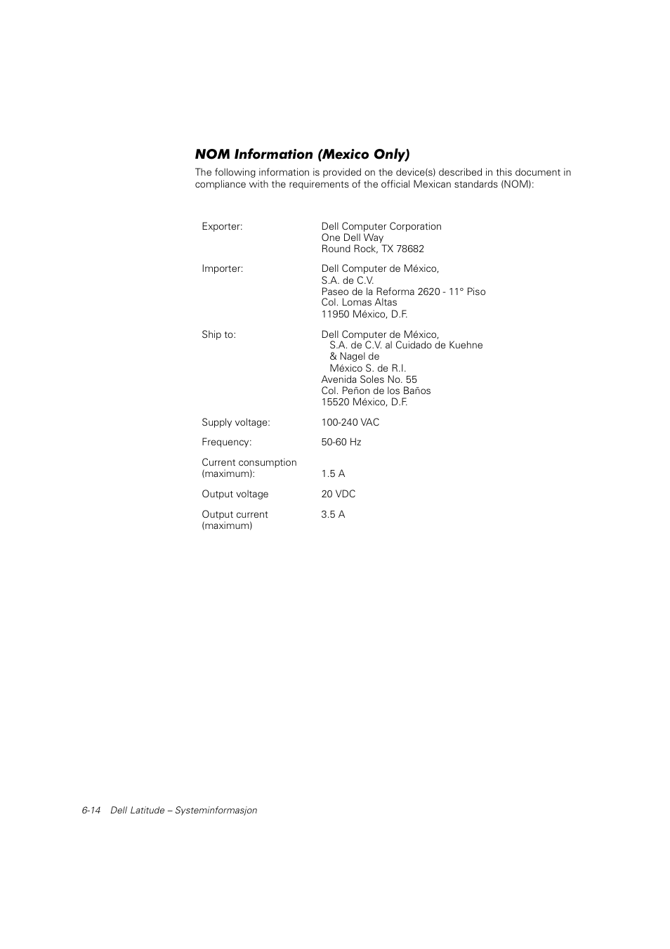 Nom information (mexico only) | Dell Latitude C800 User Manual | Page 107 / 215