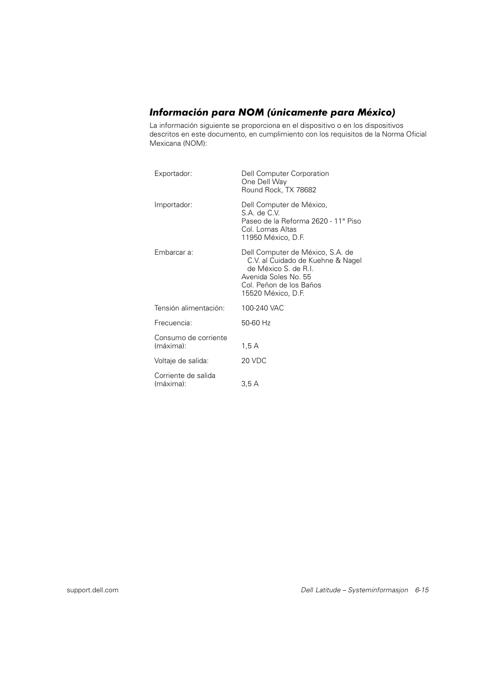 Información para nom (únicamente para méxico) | Dell Latitude C800 User Manual | Page 108 / 215