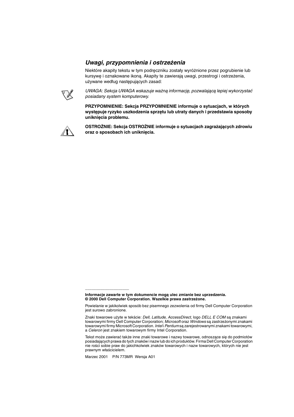 Uwagi, przypomnienia i ostrzeżenia | Dell Latitude C800 User Manual | Page 111 / 215