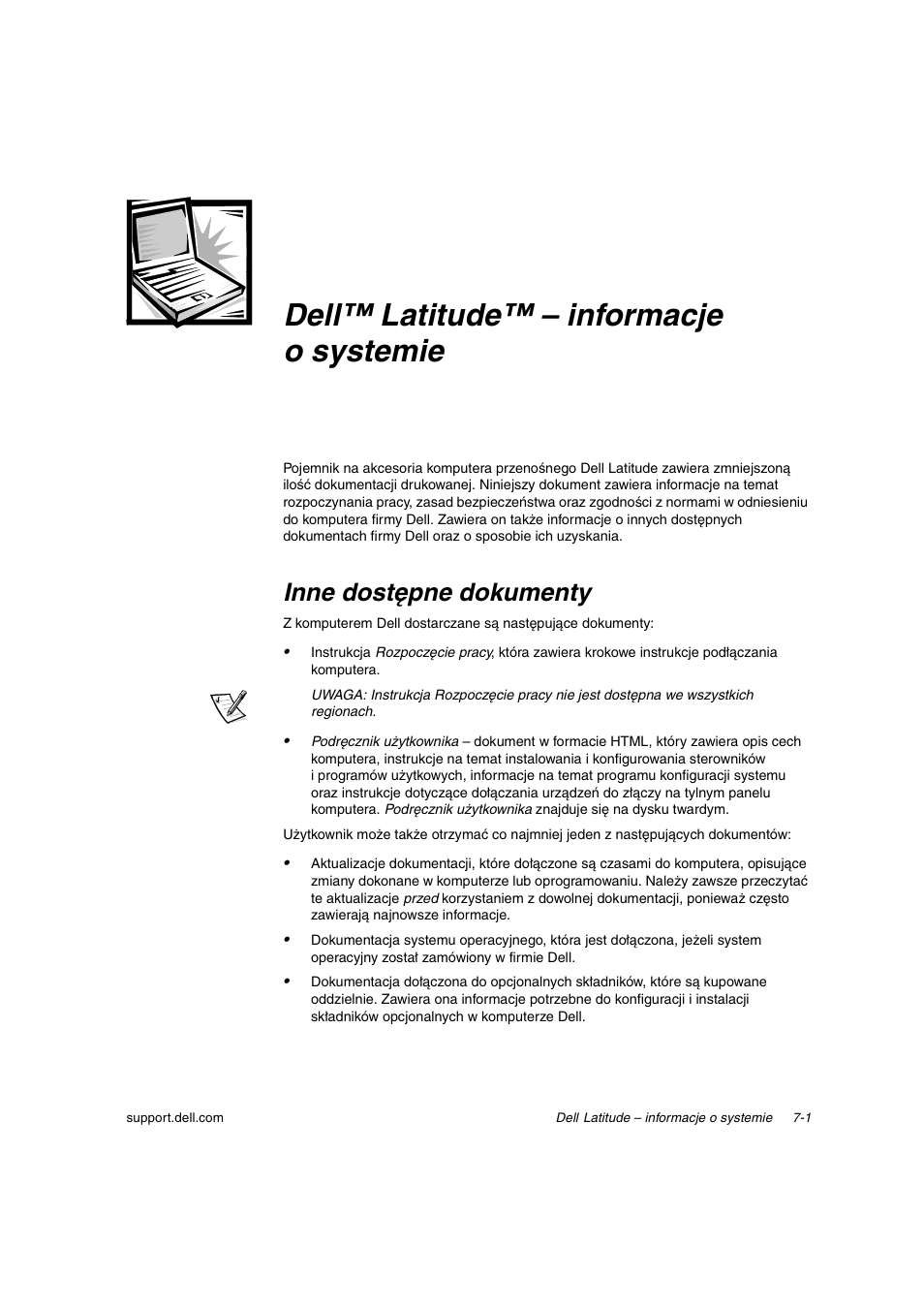 Dell™ latitude™ – informacje osystemie, Inne dostępne dokumenty, Dell™ latitude™ – informacje o systemie | Dell Latitude C800 User Manual | Page 112 / 215