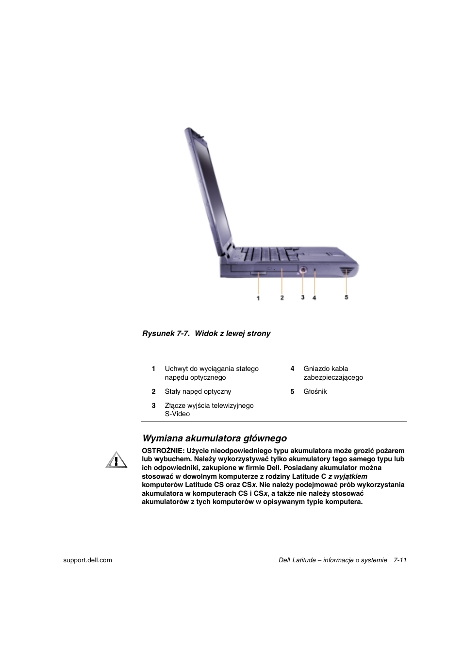 Wymiana akumulatora głównego | Dell Latitude C800 User Manual | Page 122 / 215