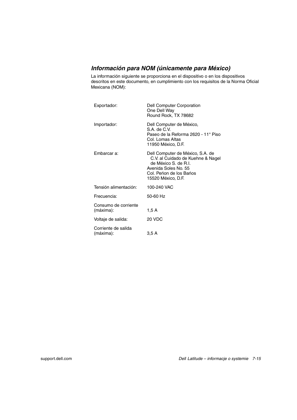 Información para nom (únicamente para méxico) | Dell Latitude C800 User Manual | Page 126 / 215