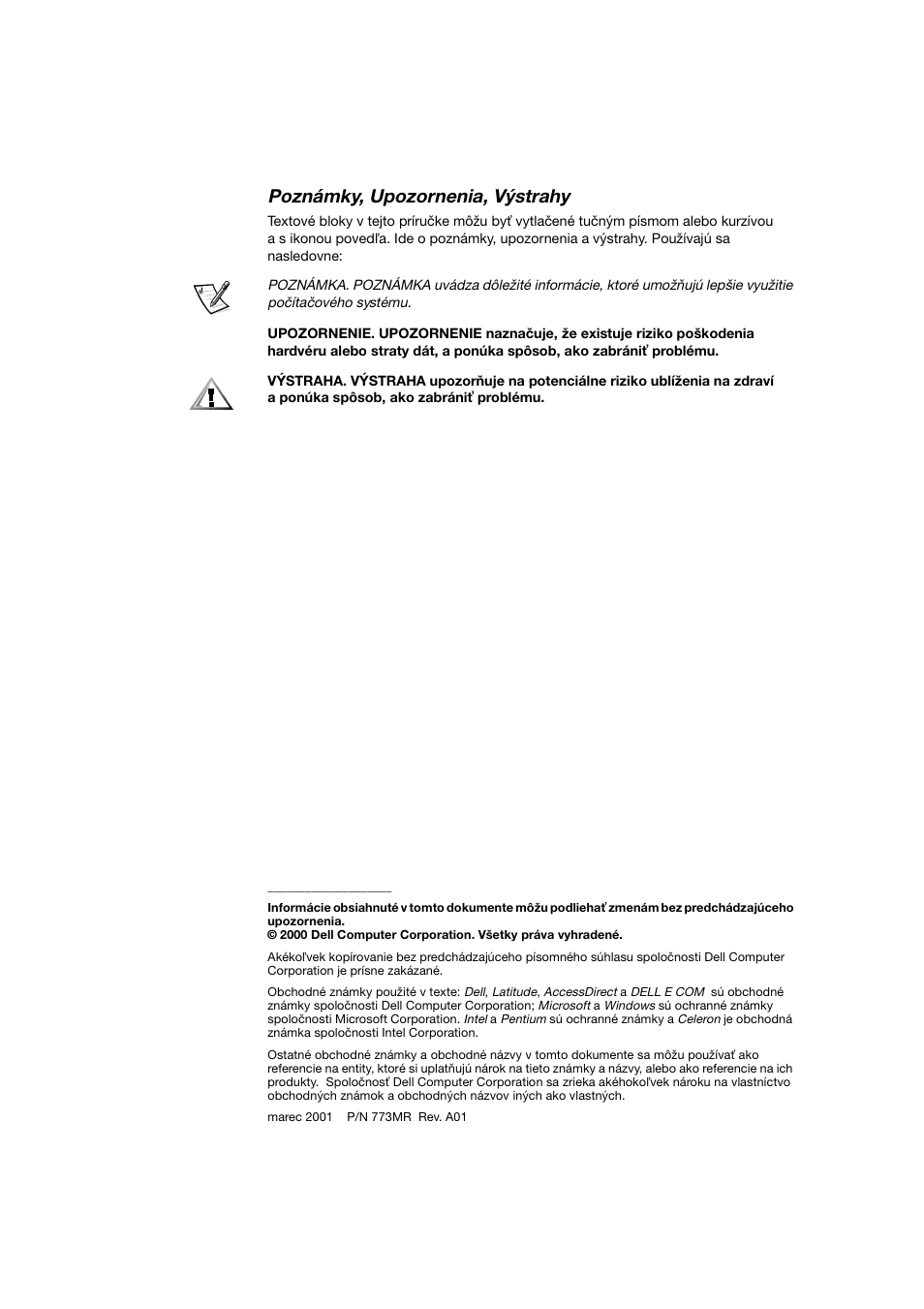 Poznámky, upozornenia, výstrahy | Dell Latitude C800 User Manual | Page 147 / 215