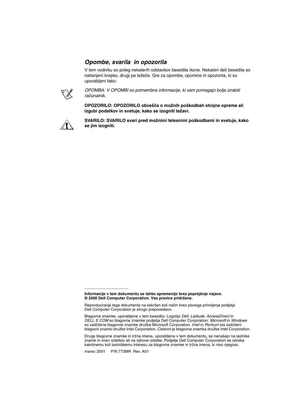 Opombe, svarila in opozorila | Dell Latitude C800 User Manual | Page 165 / 215