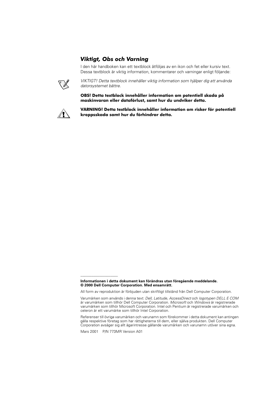 Viktigt, obs och varning | Dell Latitude C800 User Manual | Page 183 / 215