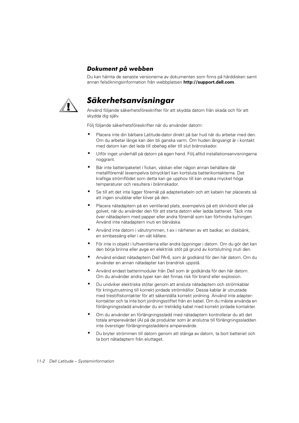 Säkerhetsanvisningar | Dell Latitude C800 User Manual | Page 185 / 215