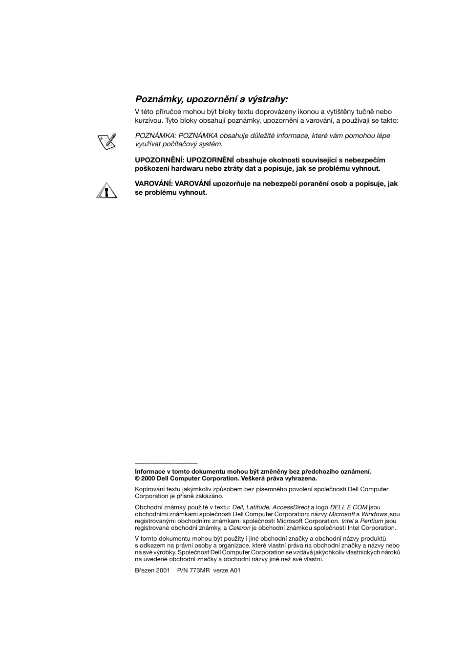 Poznámky, upozornění a výstrahy | Dell Latitude C800 User Manual | Page 21 / 215