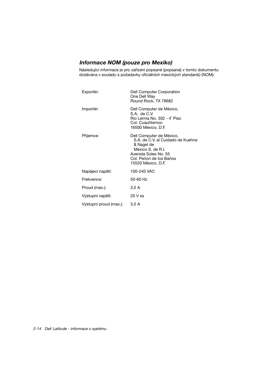 Informace nom (pouze pro mexiko) | Dell Latitude C800 User Manual | Page 35 / 215