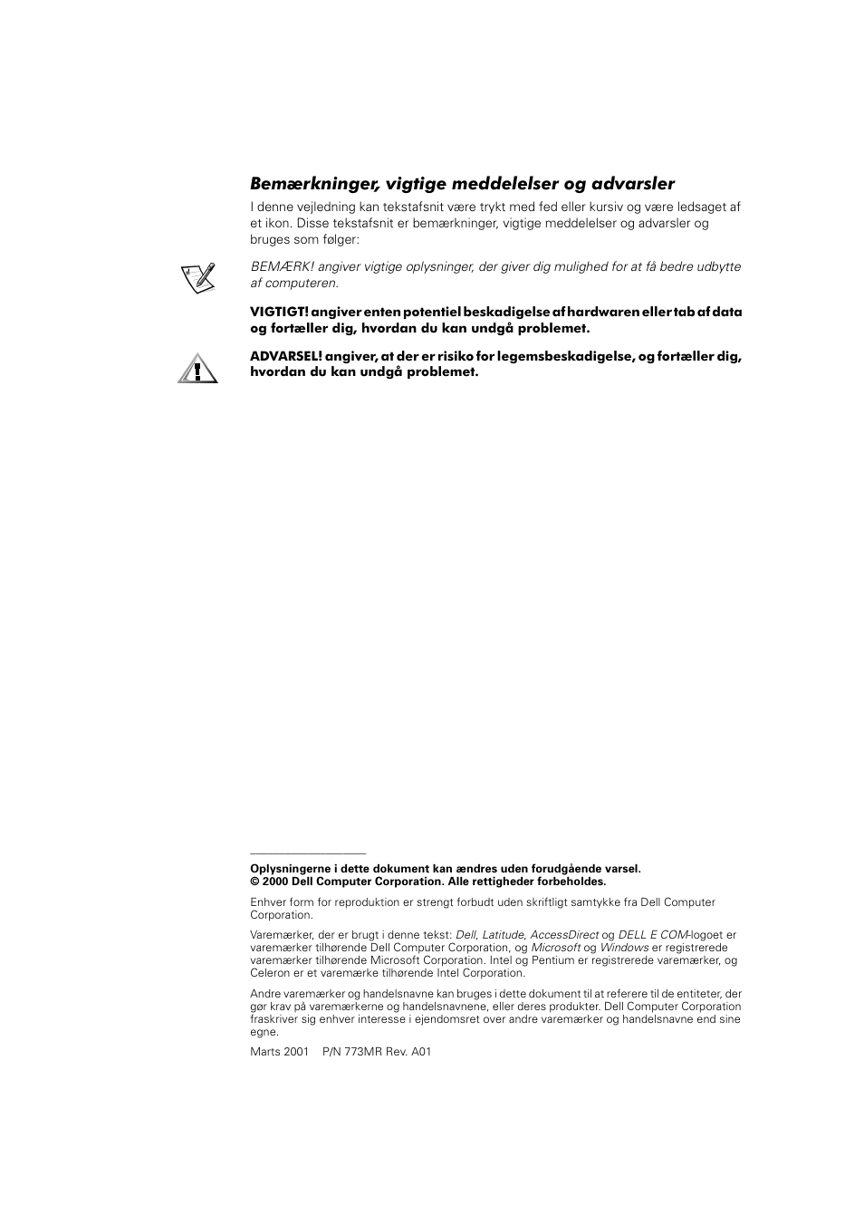 Bemærkninger, vigtige meddelelser og advarsler | Dell Latitude C800 User Manual | Page 39 / 215