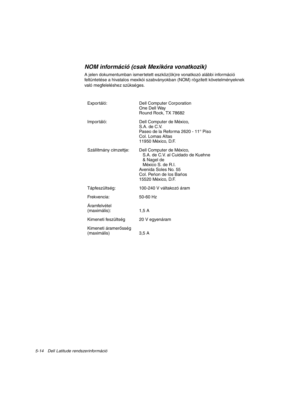 Nom információ (csak mexikóra vonatkozik) | Dell Latitude C800 User Manual | Page 89 / 215