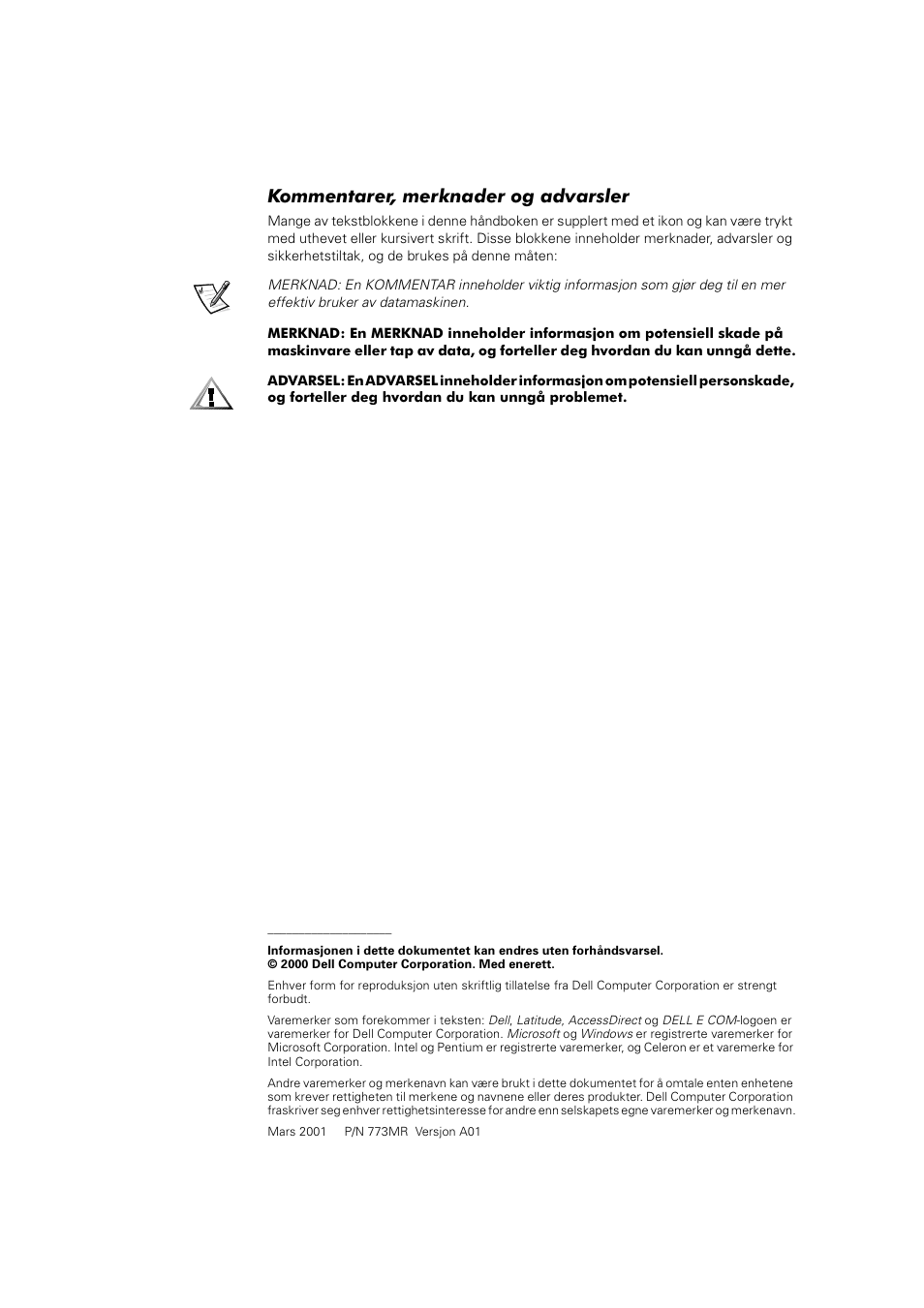 Kommentarer, merknader og advarsler | Dell Latitude C800 User Manual | Page 93 / 215